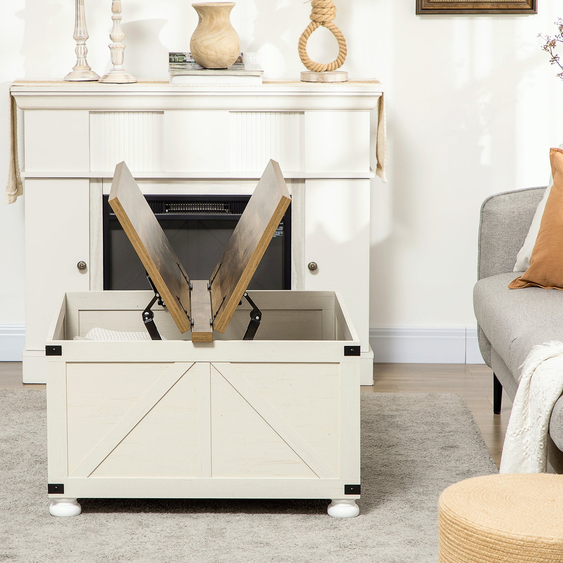 Farmhouse Coffee Table, Square Center Table with Flip-top Lids, Hidden Storage Compartment and Wooden Legs Antique White Coffee Tables   at Gallery Canada