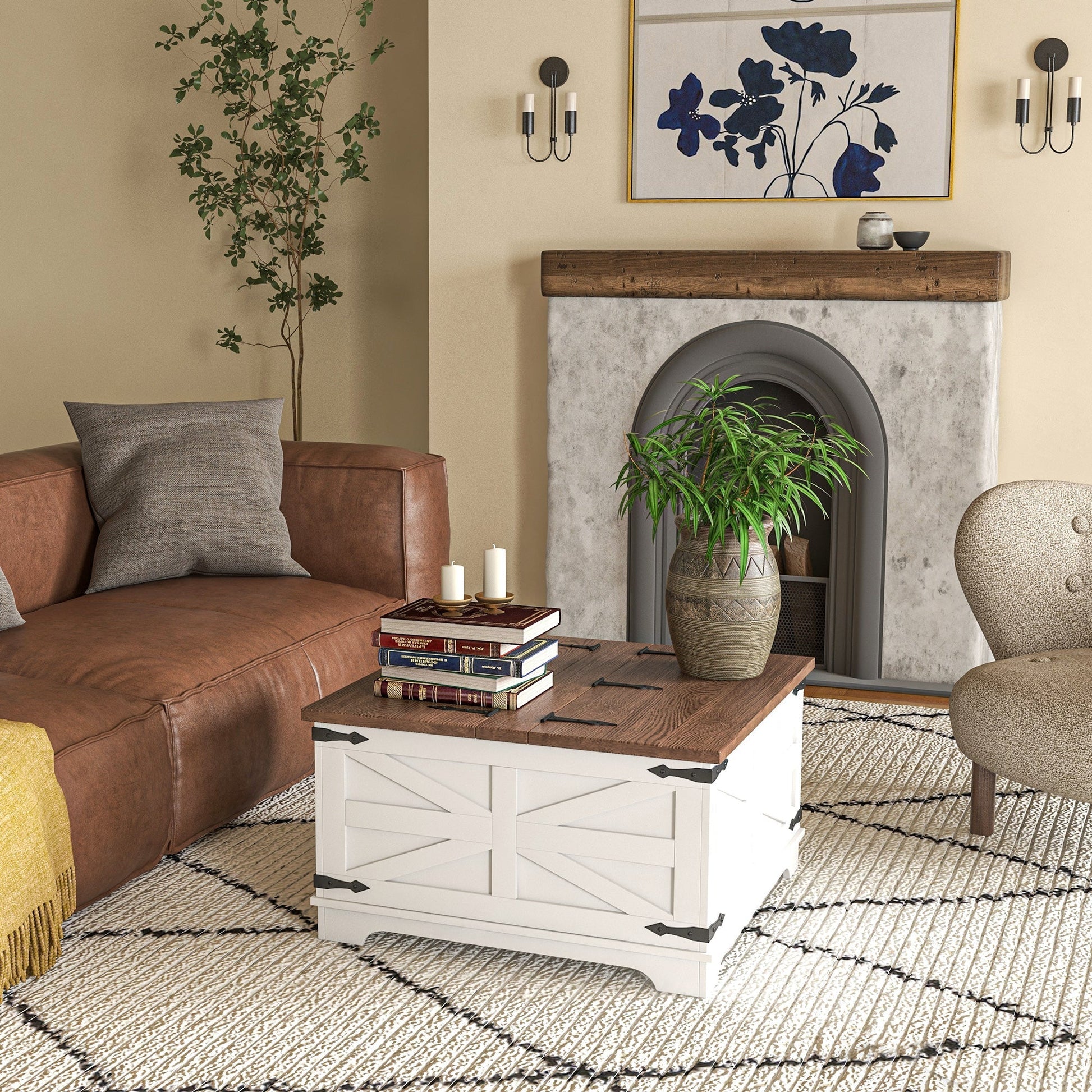 Farmhouse Coffee Table, Square Center Table with Flip-top Lids, Hidden Storage Compartment, White Coffee Tables   at Gallery Canada