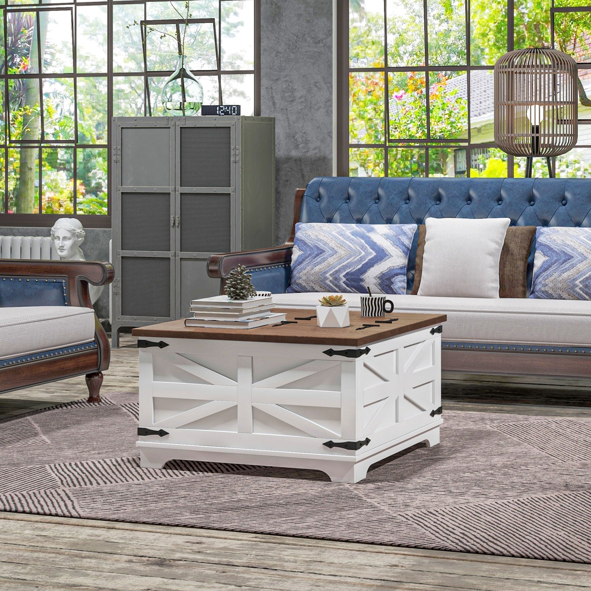 Farmhouse Coffee Table, Square Center Table with Flip-top Lids, Hidden Storage Compartment, White Coffee Tables   at Gallery Canada