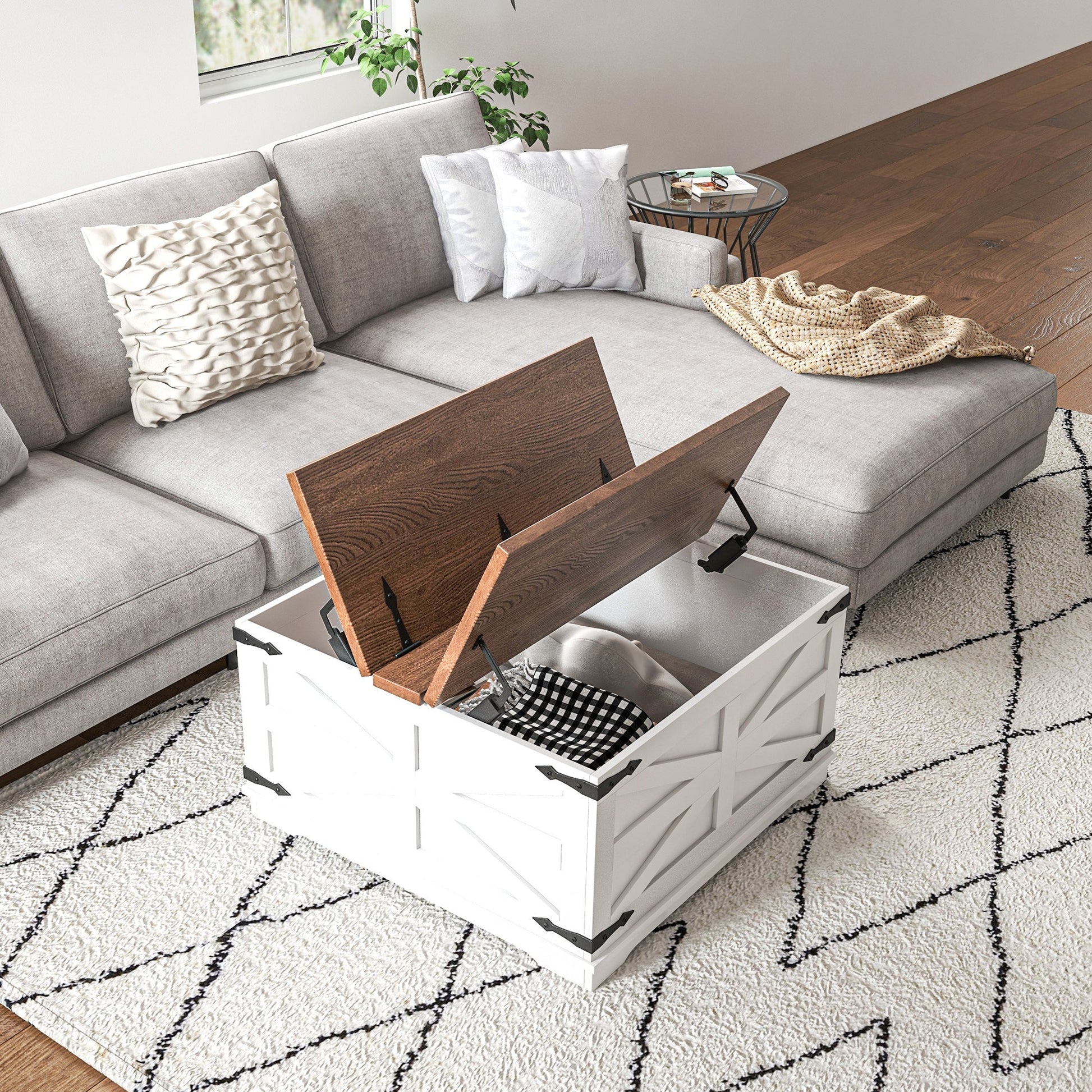 Farmhouse Coffee Table, Square Center Table with Flip-top Lids, Hidden Storage Compartment, White Coffee Tables   at Gallery Canada