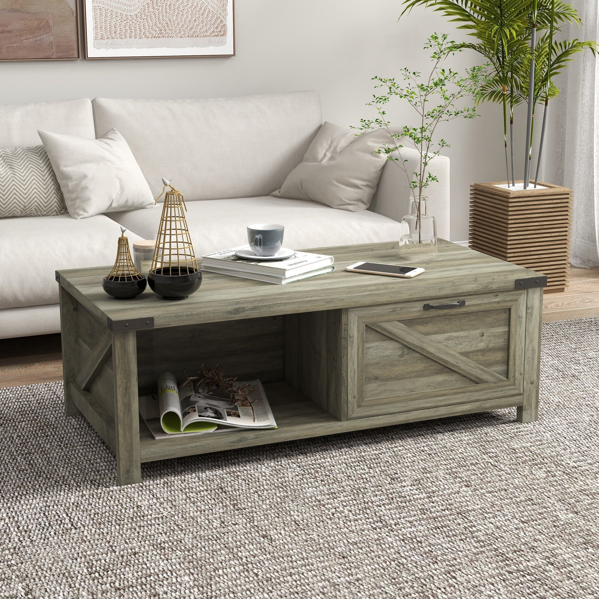 Farmhouse Coffee Table with Drawer and Storage Shelf, Rustic Center Table for Living Room, Grey Coffee Tables   at Gallery Canada