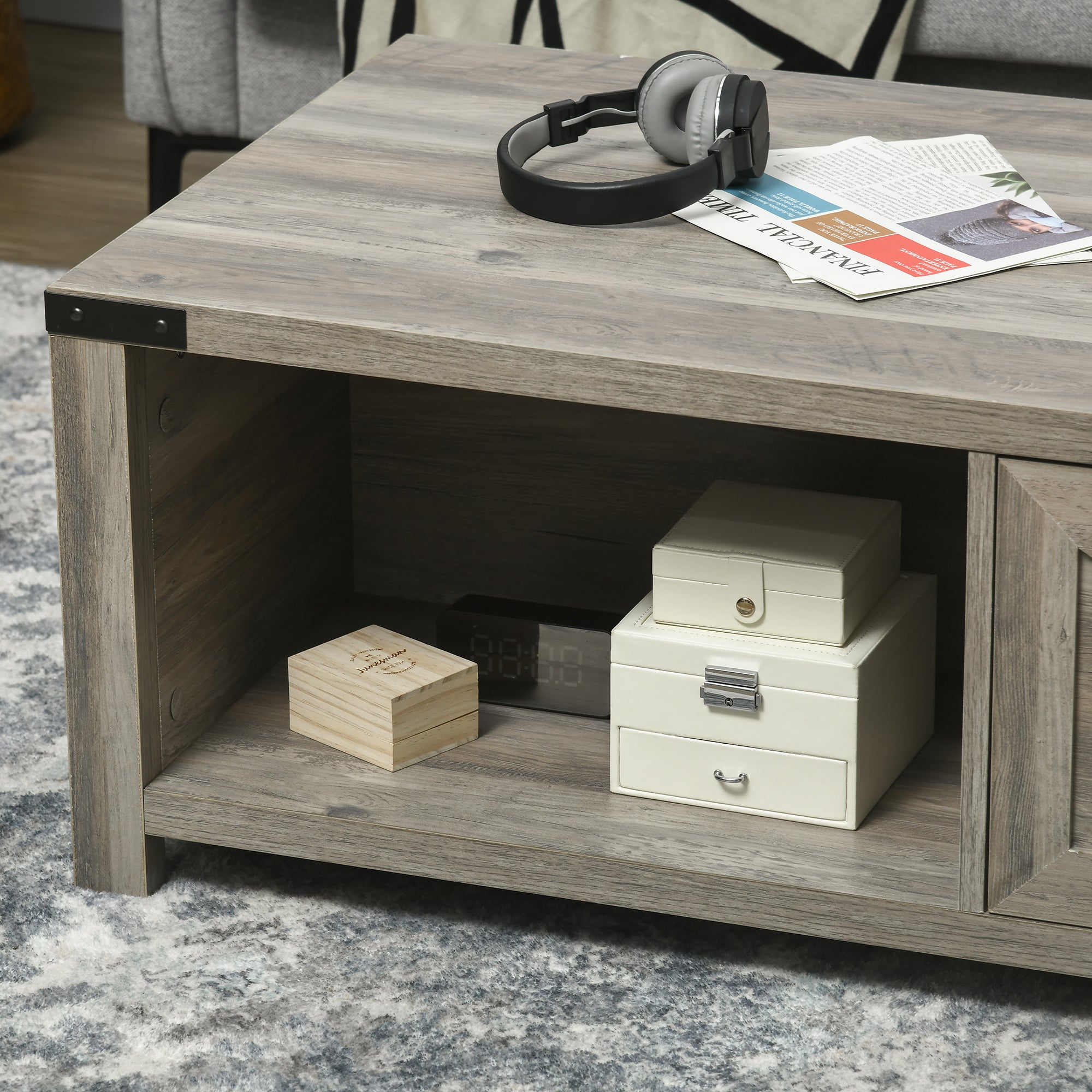 Farmhouse Coffee Table with Drawer and Storage Shelf, Rustic Center Table for Living Room, Grey Coffee Tables   at Gallery Canada