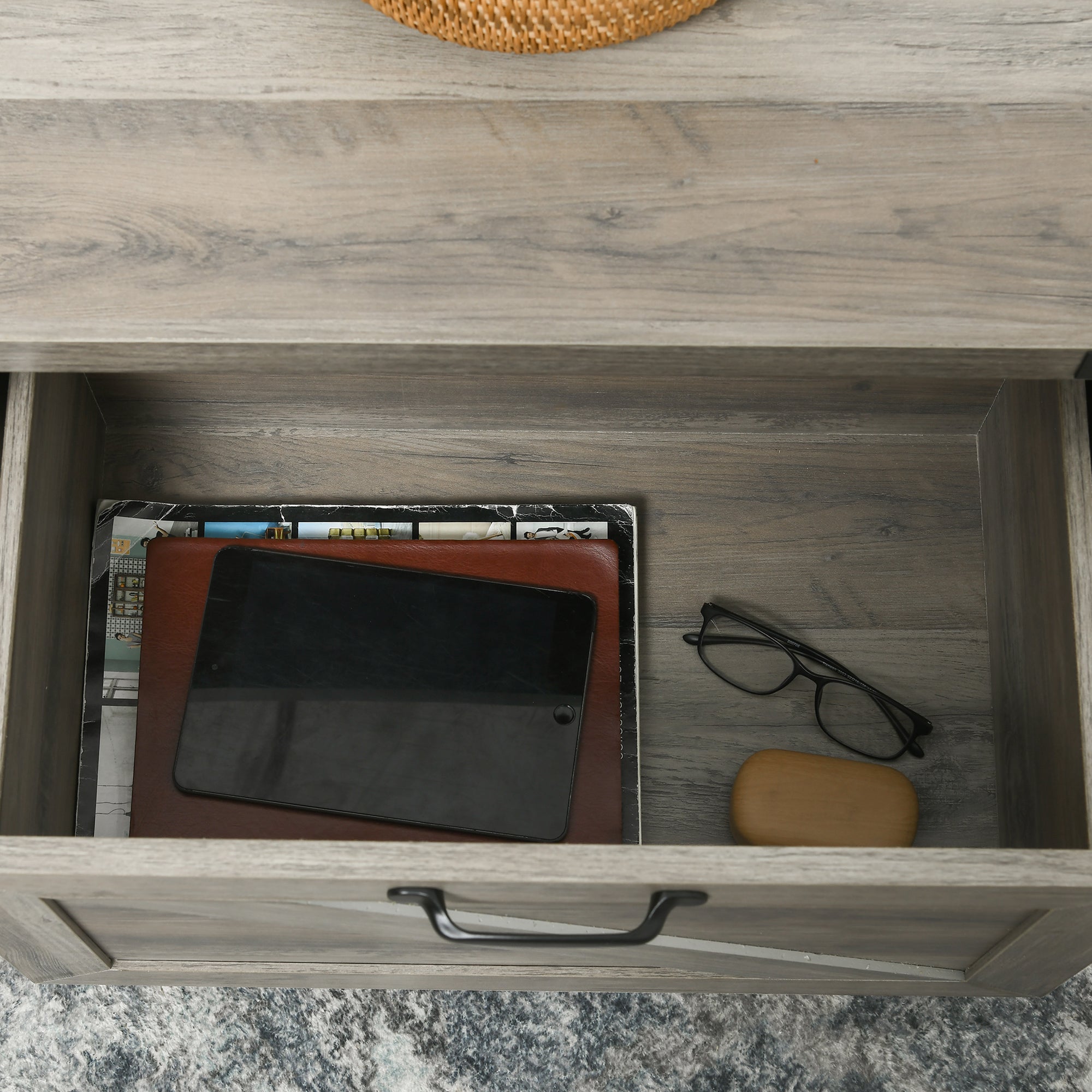 Farmhouse Coffee Table with Drawer and Storage Shelf, Rustic Center Table for Living Room, Grey Coffee Tables   at Gallery Canada