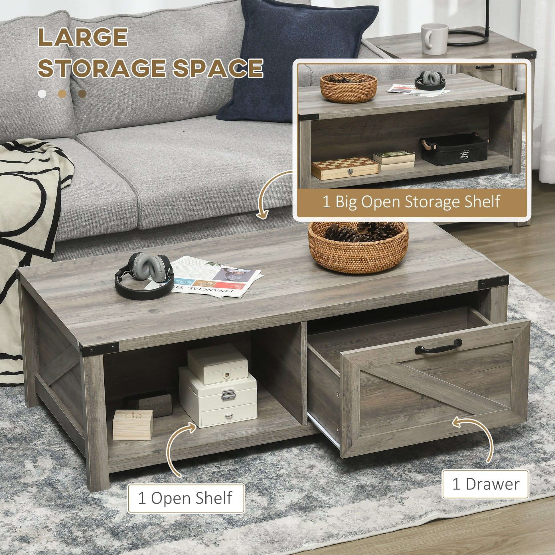 Farmhouse Coffee Table with Drawer and Storage Shelf, Rustic Center Table for Living Room, Grey Coffee Tables   at Gallery Canada