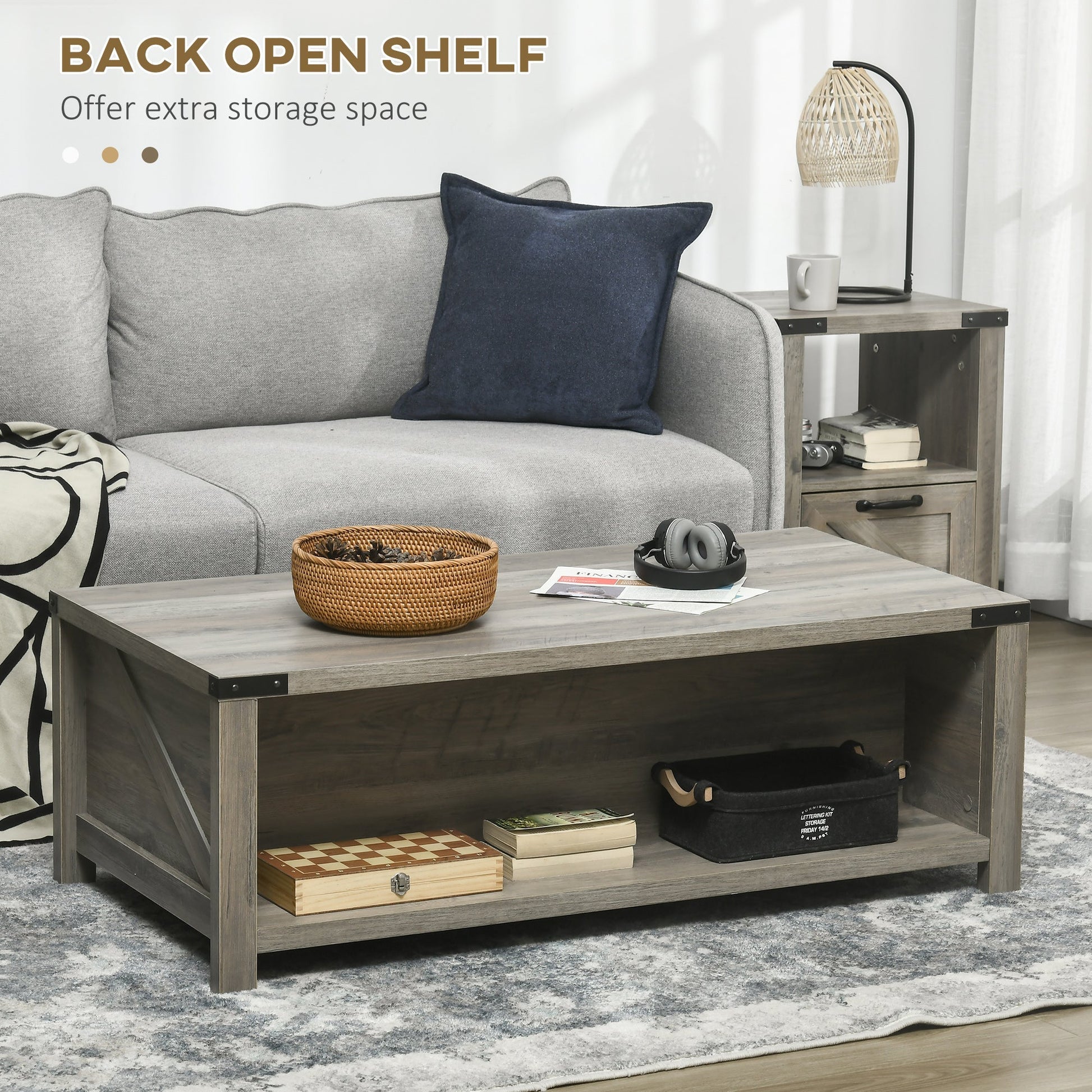 Farmhouse Coffee Table with Drawer and Storage Shelf, Rustic Center Table for Living Room, Grey Coffee Tables   at Gallery Canada