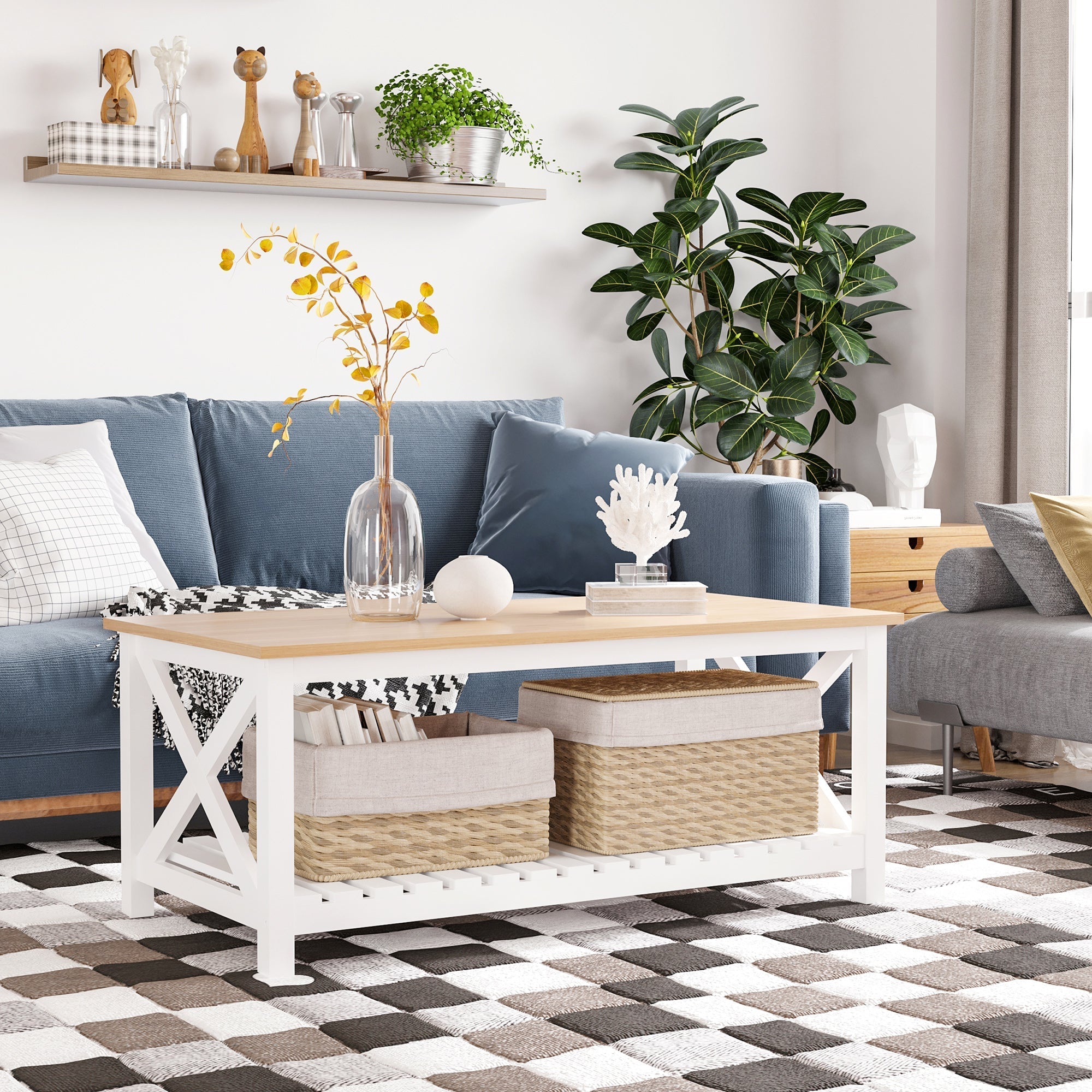 Farmhouse Coffee Table with Slatted Bottom Shelf, Center Table with X Bar Frame for Living Room, White, Natural Coffee Tables   at Gallery Canada