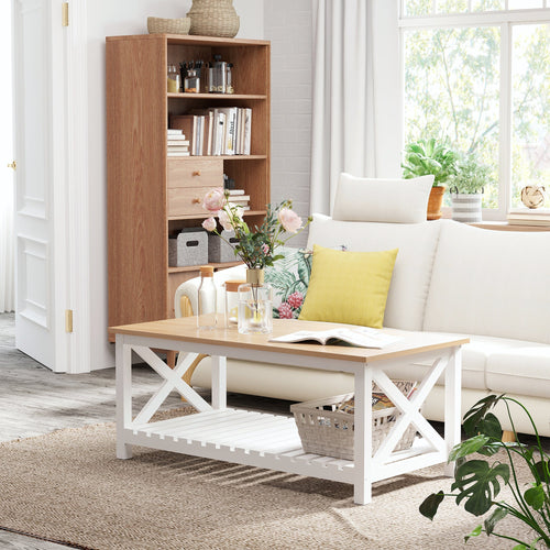 Farmhouse Coffee Table with Slatted Bottom Shelf, Center Table with X Bar Frame for Living Room, White, Natural