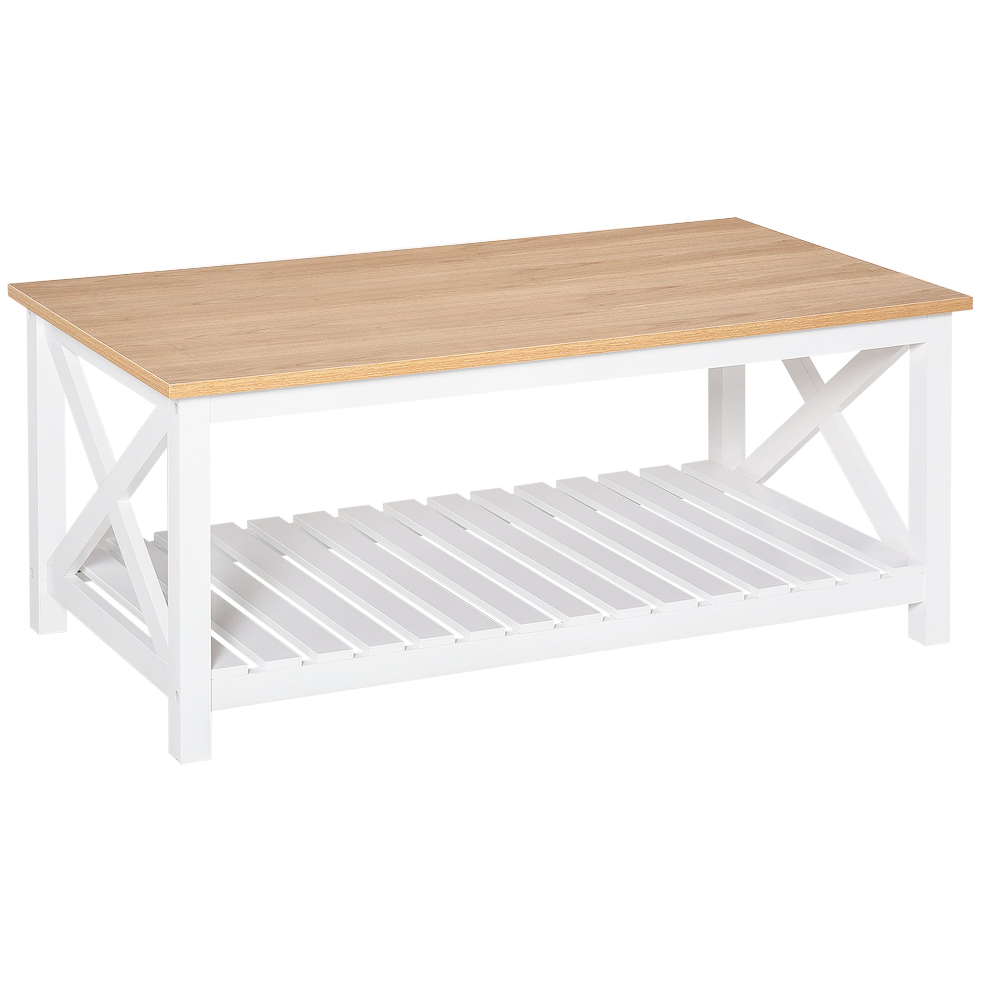 Farmhouse Coffee Table with Slatted Bottom Shelf, Center Table with X Bar Frame for Living Room, White, Natural Coffee Tables Multi Colour  at Gallery Canada