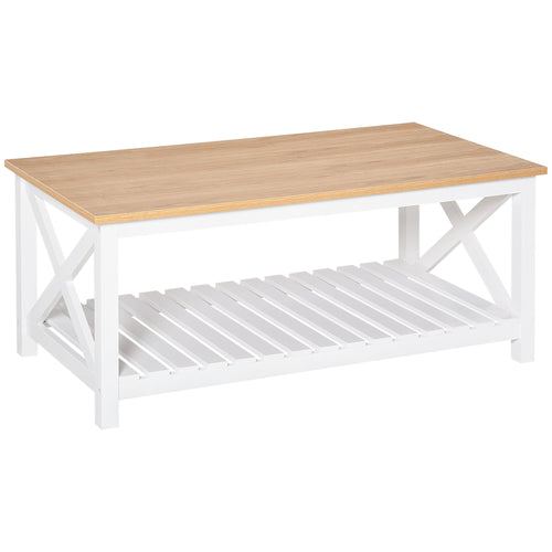 Farmhouse Coffee Table with Slatted Bottom Shelf, Center Table with X Bar Frame for Living Room, White, Natural