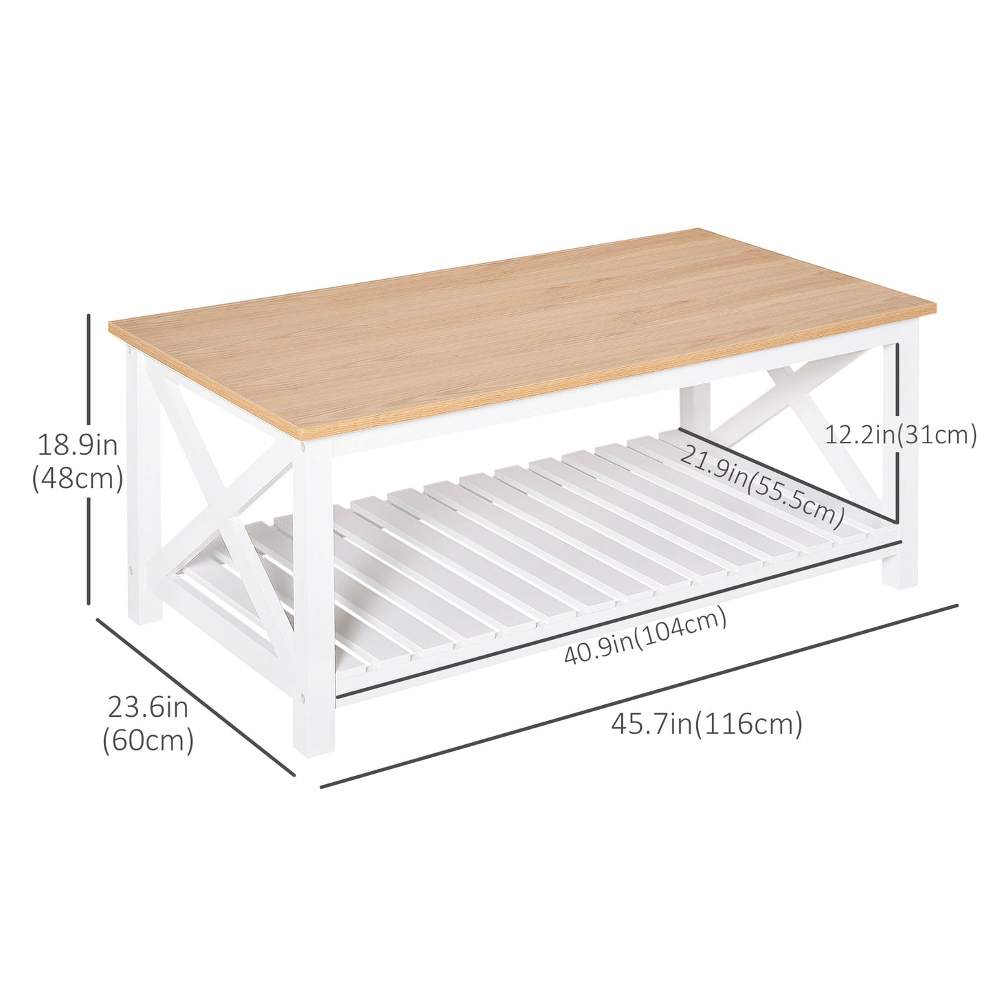 Farmhouse Coffee Table with Slatted Bottom Shelf, Center Table with X Bar Frame for Living Room, White, Natural Coffee Tables   at Gallery Canada