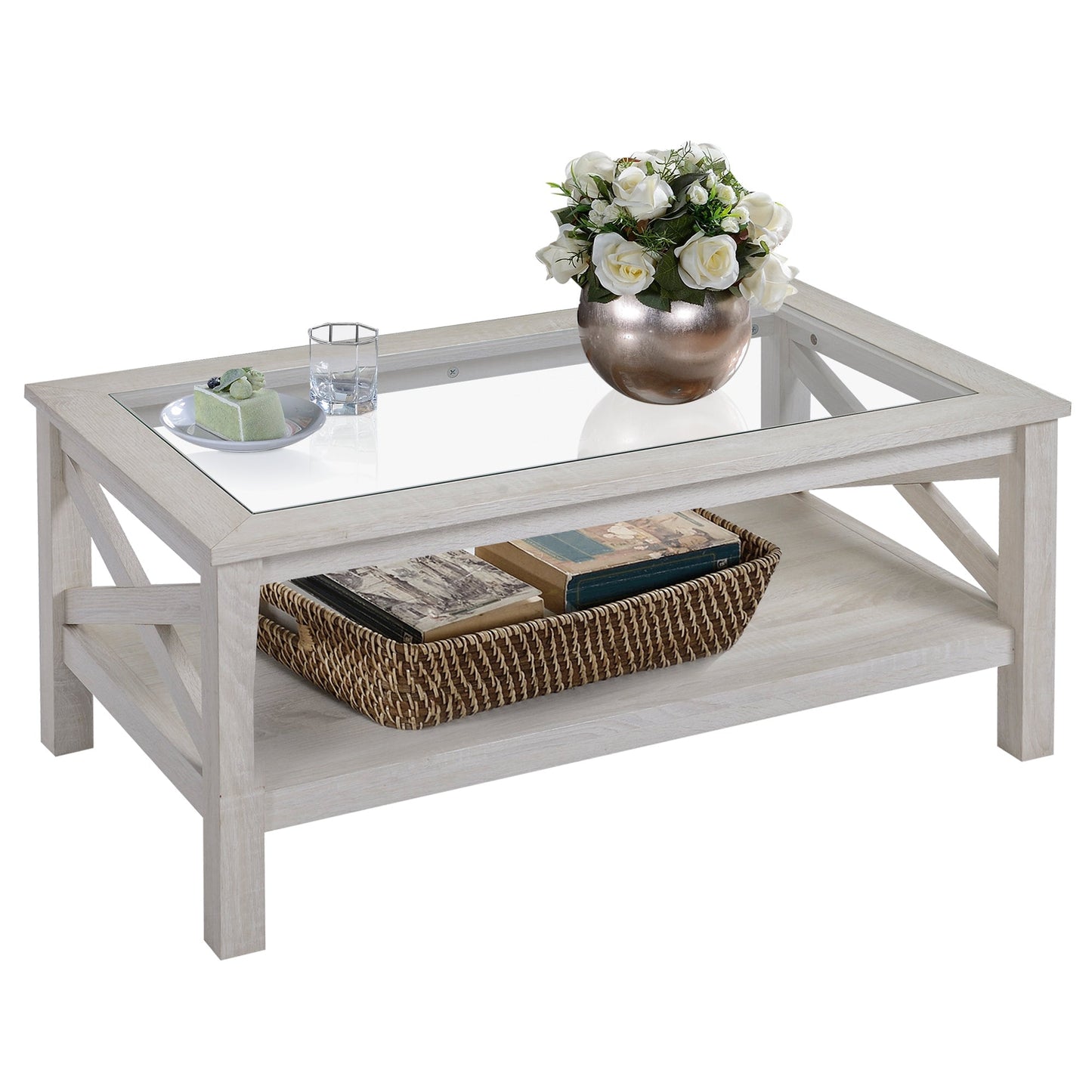 Farmhouse Coffee Table with Tempered Glass Table Top, 2-tier Center Table with Bottom Storage Shelf for Living Room, Bedroom Coffee Tables White Oak  at Gallery Canada