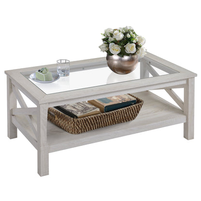 Farmhouse Coffee Table with Tempered Glass Table Top, 2-tier Center Table with Bottom Storage Shelf for Living Room, Bedroom Coffee Tables White Oak  at Gallery Canada