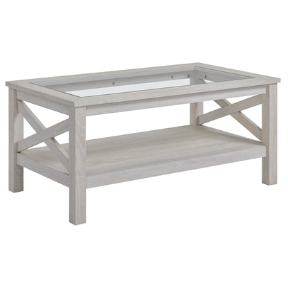 Farmhouse Coffee Table with Tempered Glass Table Top, 2-tier Center Table with Bottom Storage Shelf for Living Room, Bedroom Coffee Tables   at Gallery Canada