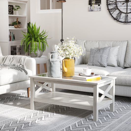 Farmhouse Coffee Table with Tempered Glass Table Top, 2-tier Center Table with Bottom Storage Shelf for Living Room, Bedroom Coffee Tables White Oak  at Gallery Canada