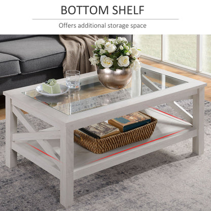 Farmhouse Coffee Table with Tempered Glass Table Top, 2-tier Center Table with Bottom Storage Shelf for Living Room, Bedroom Coffee Tables   at Gallery Canada