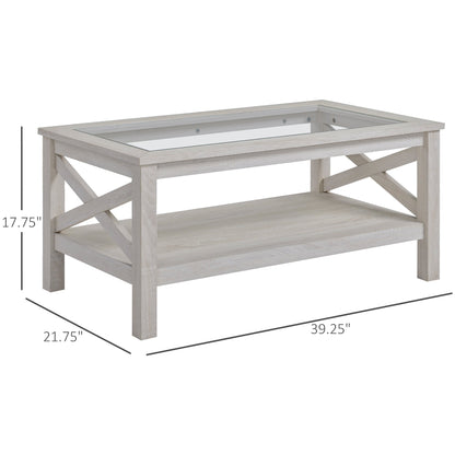 Farmhouse Coffee Table with Tempered Glass Table Top, 2-tier Center Table with Bottom Storage Shelf for Living Room, Bedroom Coffee Tables   at Gallery Canada