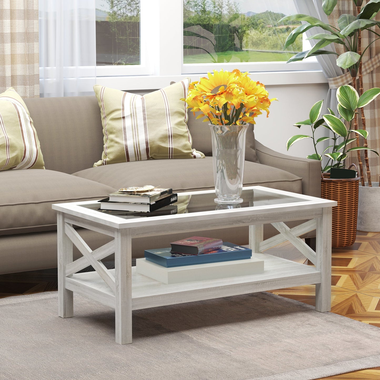 Farmhouse Coffee Table with Tempered Glass Table Top, 2-tier Center Table with Bottom Storage Shelf for Living Room, Bedroom Coffee Tables   at Gallery Canada