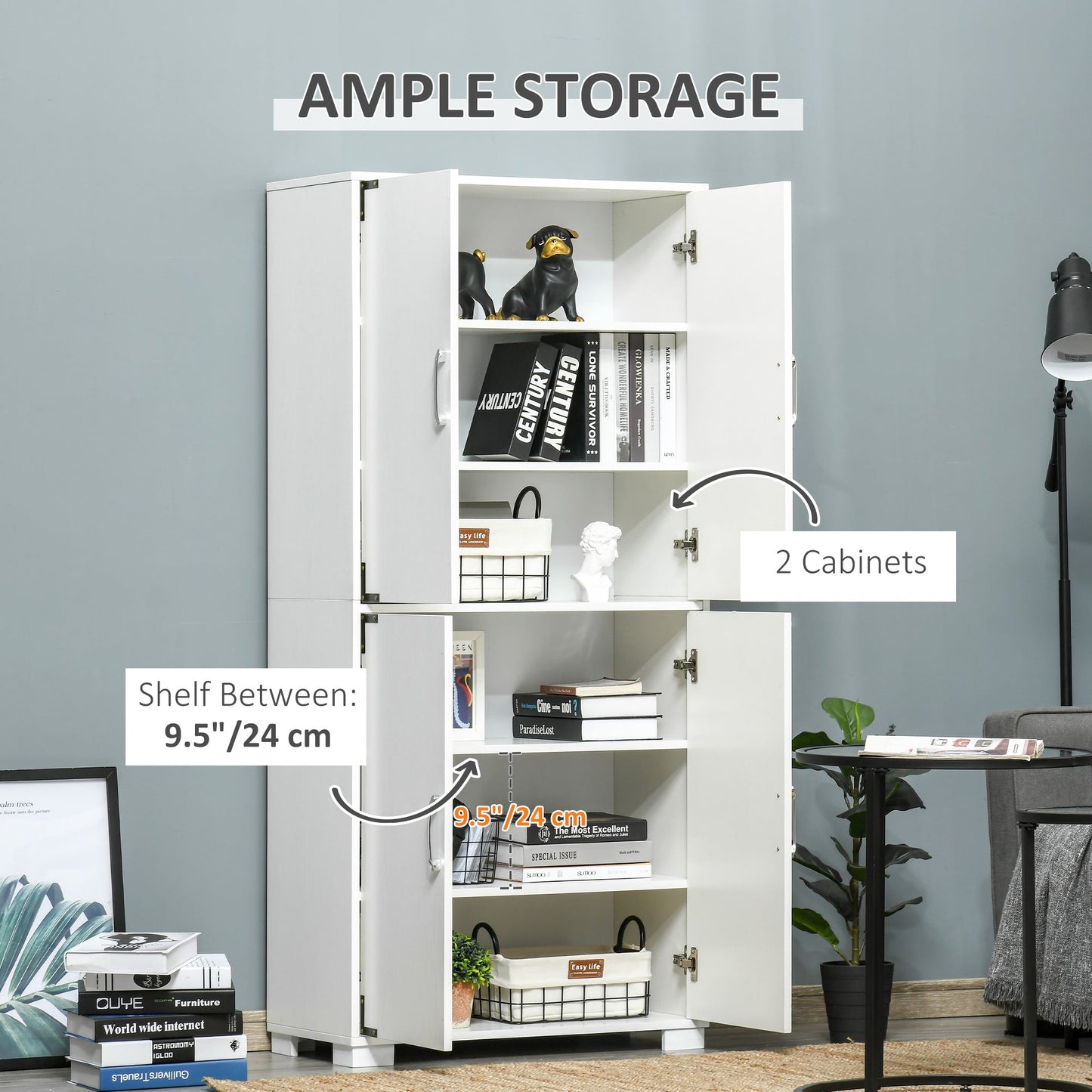 Farmhouse kitchen Pantry Storage Cabinet with 4 Doors, Cupboard with Shelves, White Kitchen Pantry Cabinets   at Gallery Canada