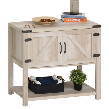 Farmhouse Kitchen Storage Cabinet, Free Standing Sideboard Console Table with Barn Doors, Bottom Shelf, Oak Storage Cabinets   at Gallery Canada