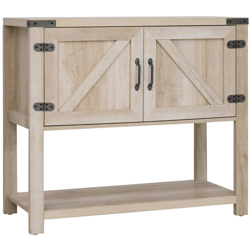 Farmhouse Kitchen Storage Cabinet, Free Standing Sideboard Console Table with Barn Doors, Bottom Shelf, Oak