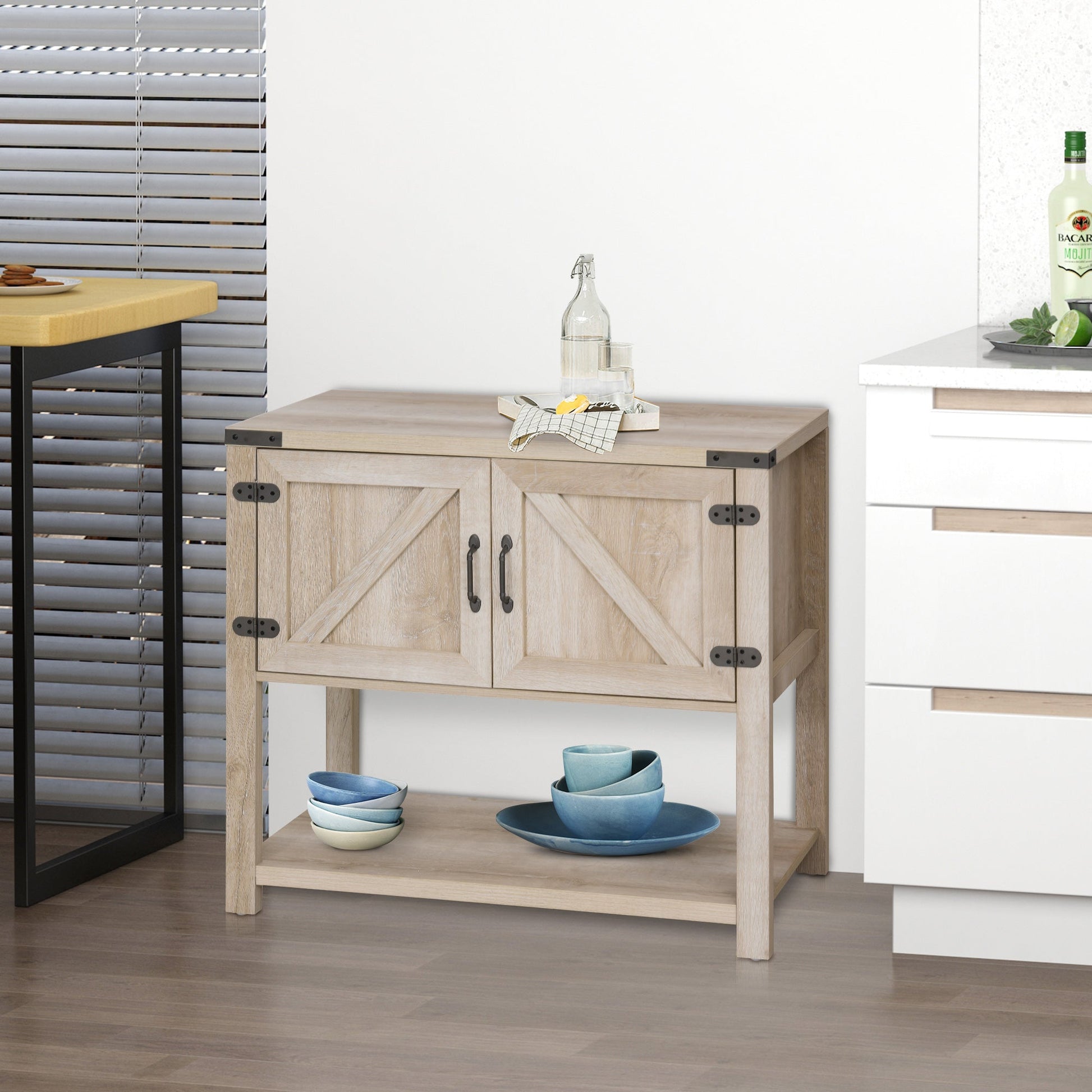 Farmhouse Kitchen Storage Cabinet, Free Standing Sideboard Console Table with Barn Doors, Bottom Shelf, Oak Storage Cabinets   at Gallery Canada