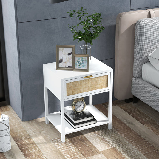 Farmhouse Nightstand, Bedside Table with Rattan Drawer and Open Shelf, Side End Table for Bedroom, Living Room Bedside Tables White  at Gallery Canada