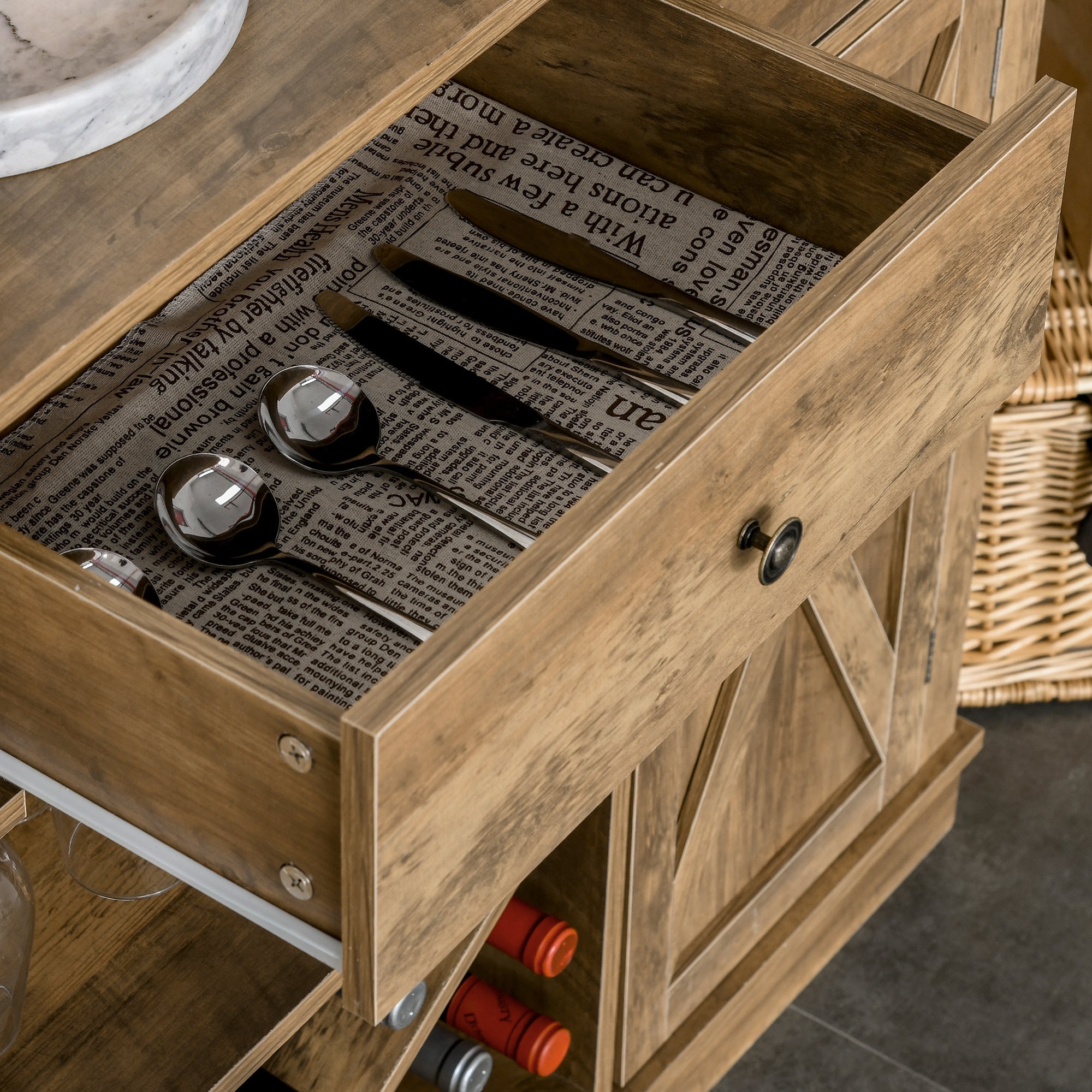 Farmhouse Sideboard Buffet Table Storage Cabinet with 3 Drawers, X-Shaped Wine Rack, Steamware Holder and Cabinets Bar Cabinets   at Gallery Canada