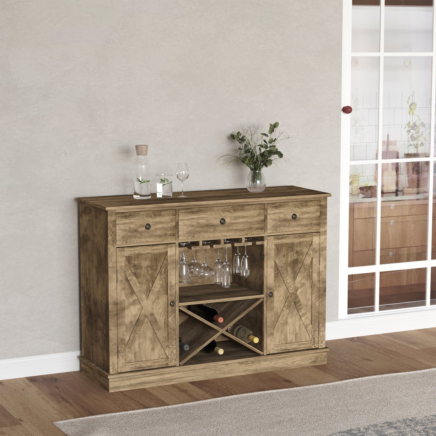 Farmhouse Sideboard Buffet Table Storage Cabinet with 3 Drawers, X-Shaped Wine Rack, Steamware Holder and Cabinets Bar Cabinets   at Gallery Canada