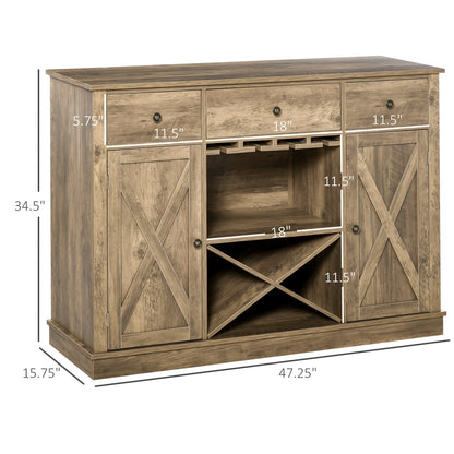 Farmhouse Sideboard Buffet Table Storage Cabinet with 3 Drawers, X-Shaped Wine Rack, Steamware Holder and Cabinets Bar Cabinets   at Gallery Canada