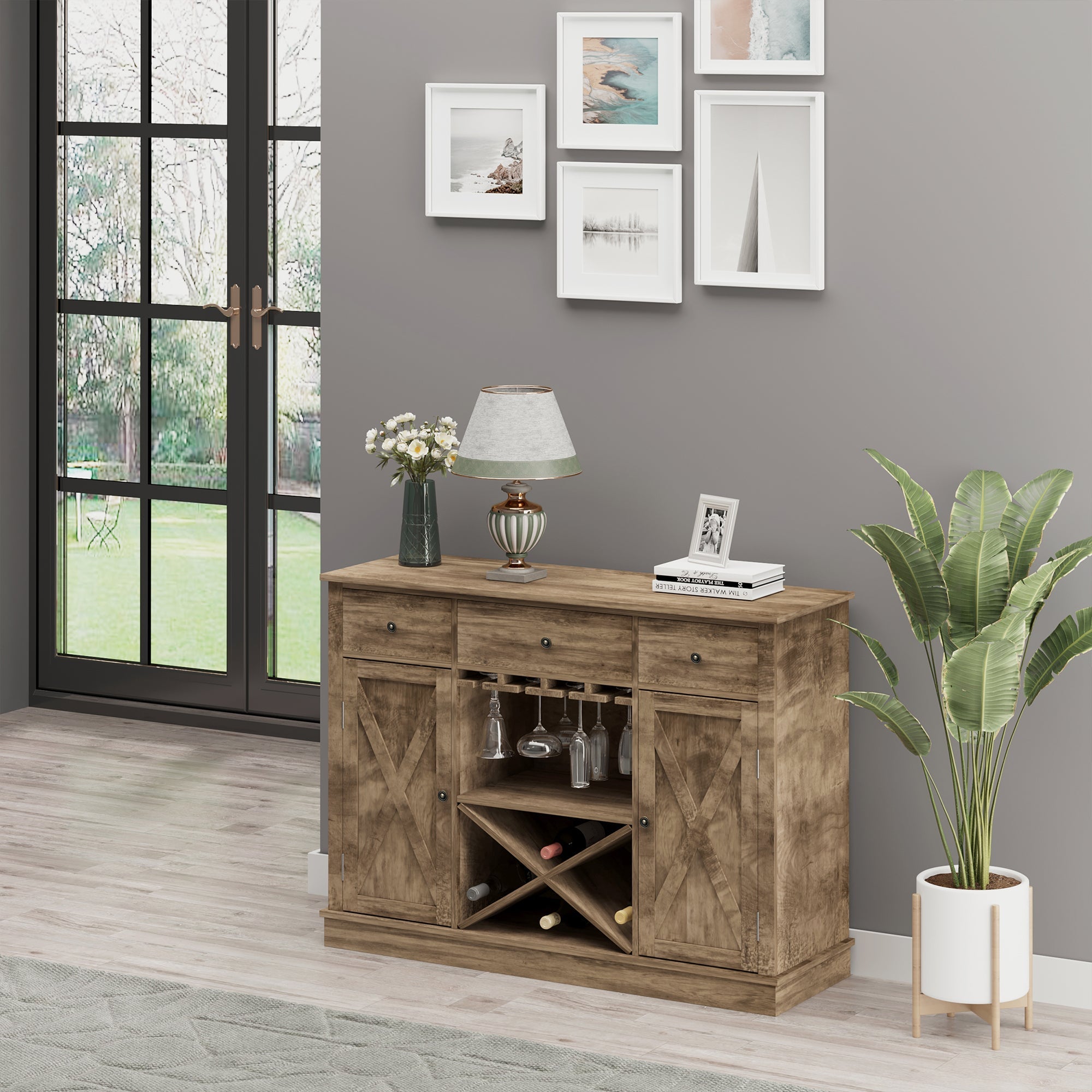 Farmhouse Sideboard Buffet Table Storage Cabinet with 3 Drawers, X-Shaped Wine Rack, Steamware Holder and Cabinets Bar Cabinets   at Gallery Canada