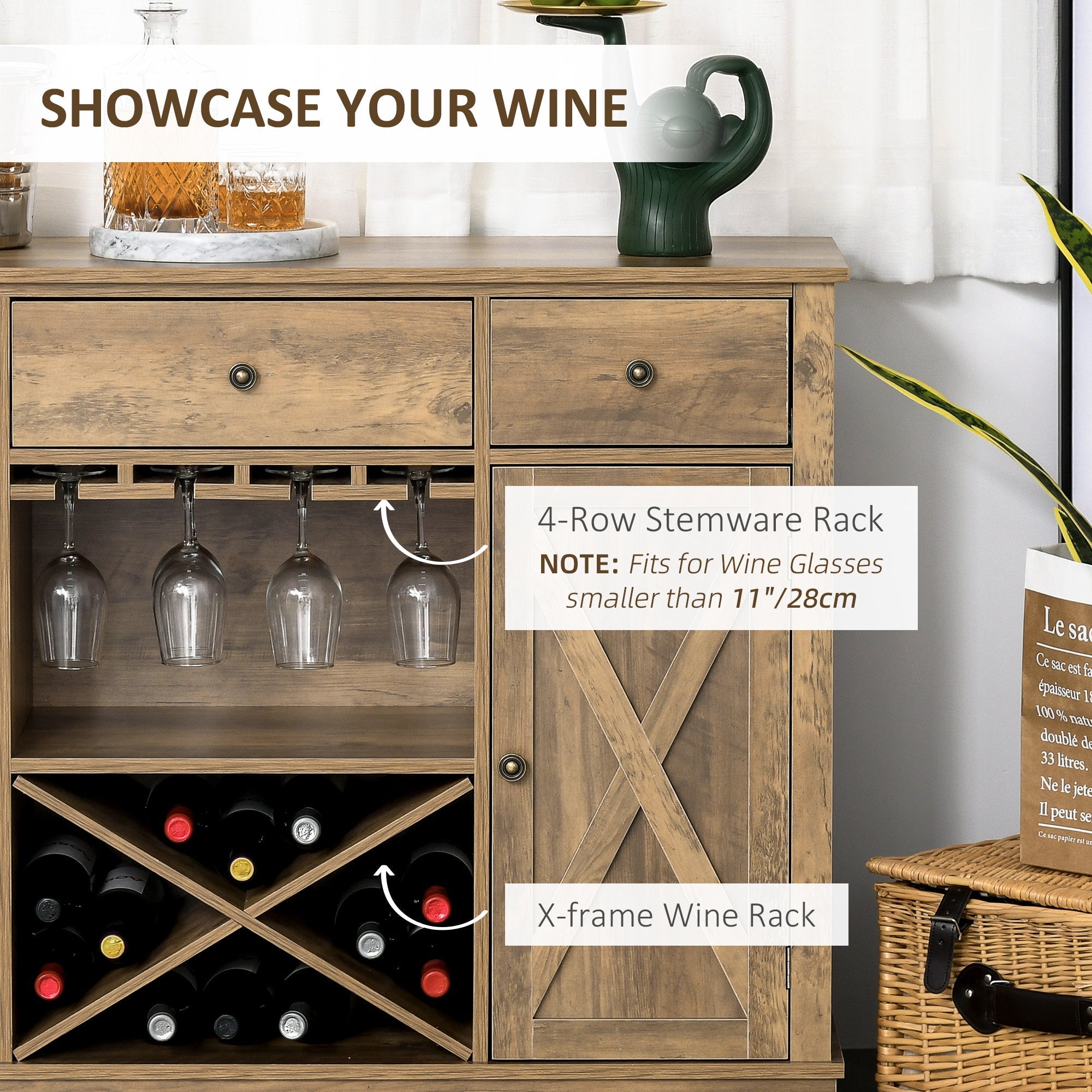 Farmhouse Sideboard Buffet Table Storage Cabinet with 3 Drawers, X-Shaped Wine Rack, Steamware Holder and Cabinets Bar Cabinets   at Gallery Canada