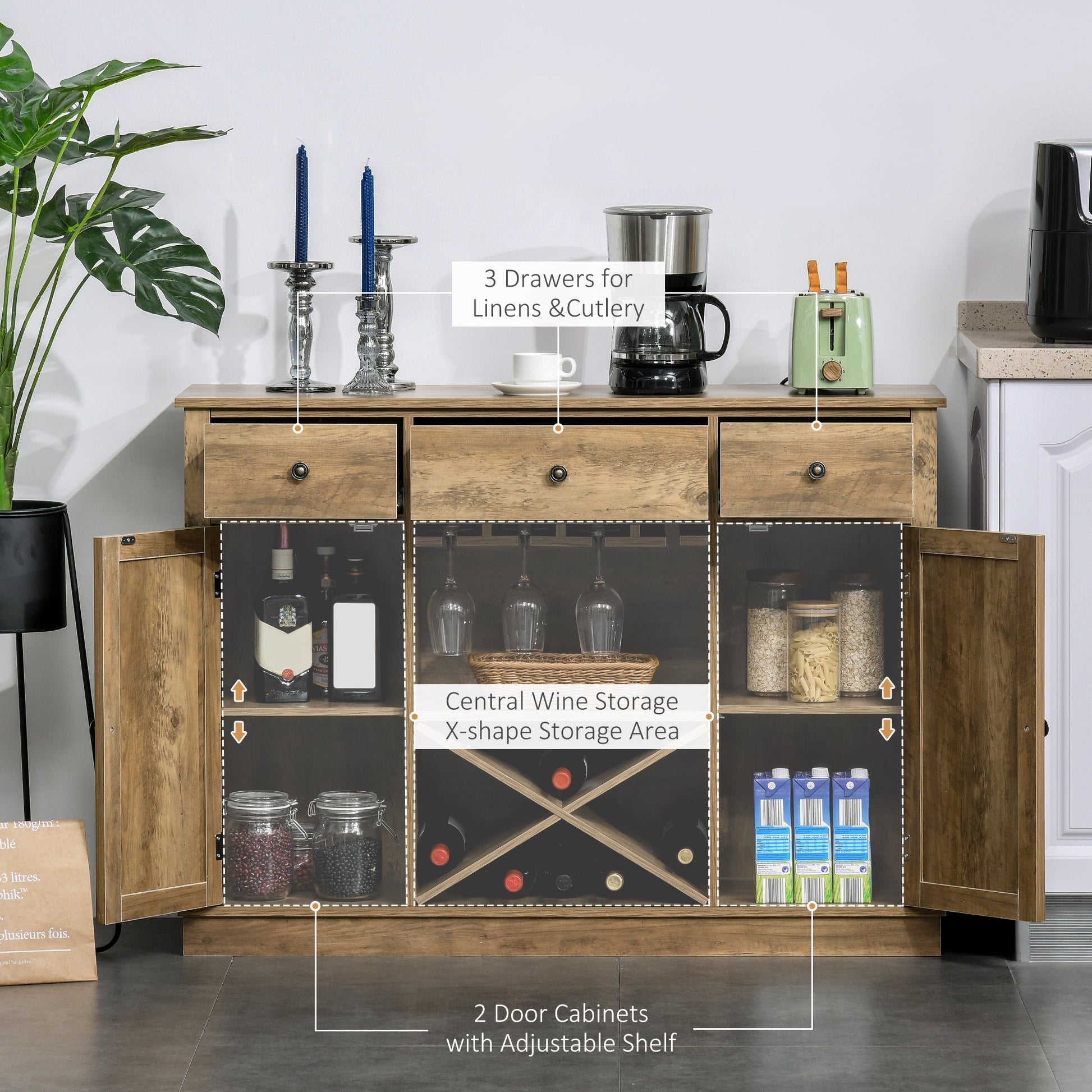 Farmhouse Sideboard Buffet Table Storage Cabinet with 3 Drawers, X-Shaped Wine Rack, Steamware Holder and Cabinets Bar Cabinets   at Gallery Canada