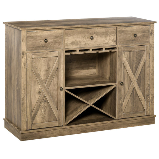 Farmhouse Sideboard Buffet Table Storage Cabinet with 3 Drawers, X-Shaped Wine Rack, Steamware Holder and Cabinets Bar Cabinets Rustic Wood Grain  at Gallery Canada