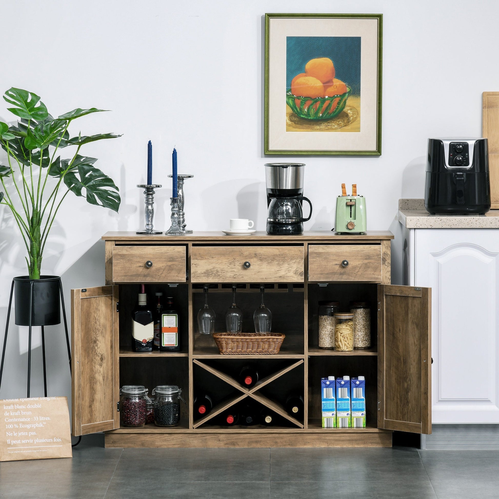 Farmhouse Sideboard Buffet Table Storage Cabinet with 3 Drawers, X-Shaped Wine Rack, Steamware Holder and Cabinets Bar Cabinets   at Gallery Canada