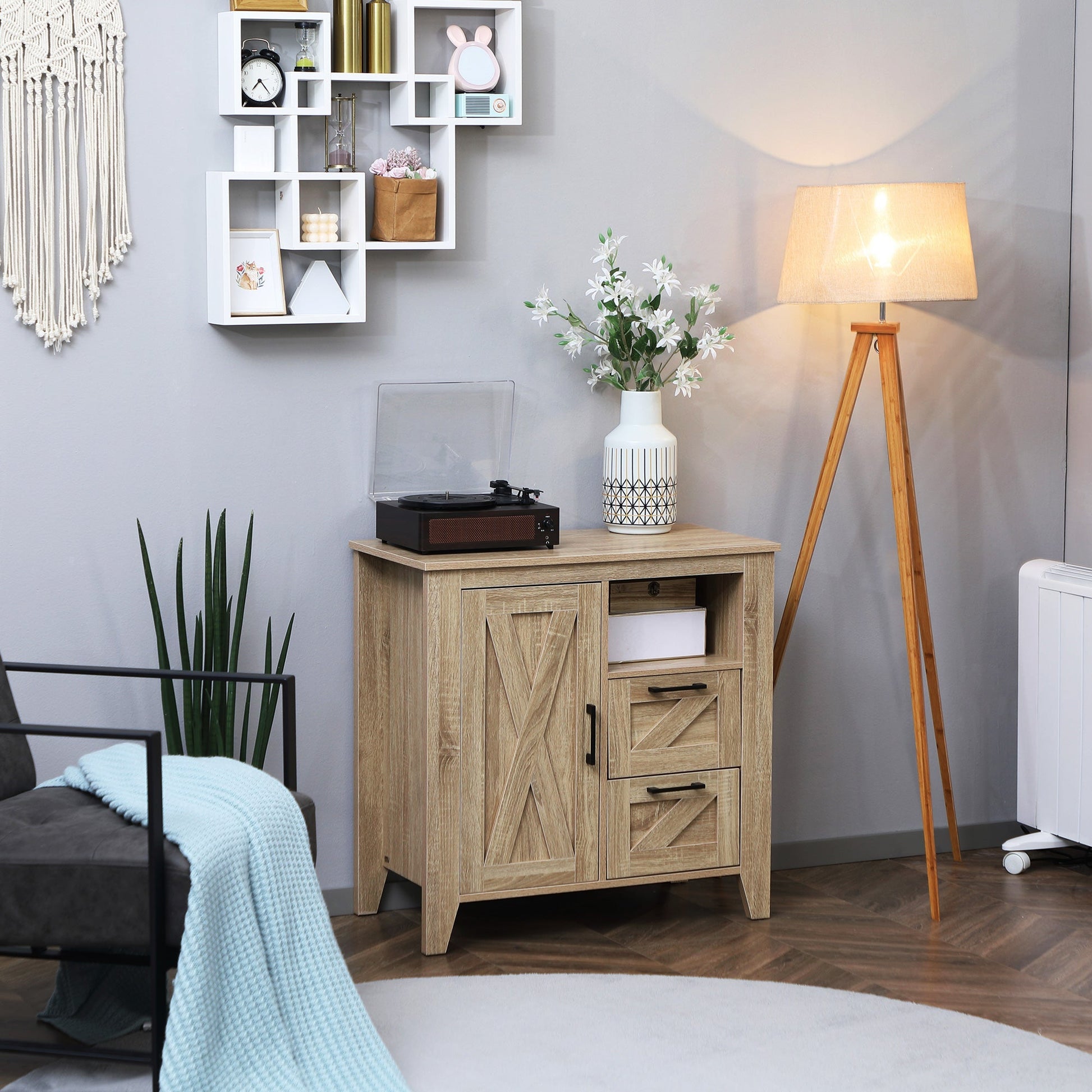 Farmhouse Storage Cabinet, Kitchen Cupboard Buffet Cabinet with Drawers, Door and Adjustable Shelf, Natural Storage Cabinets   at Gallery Canada