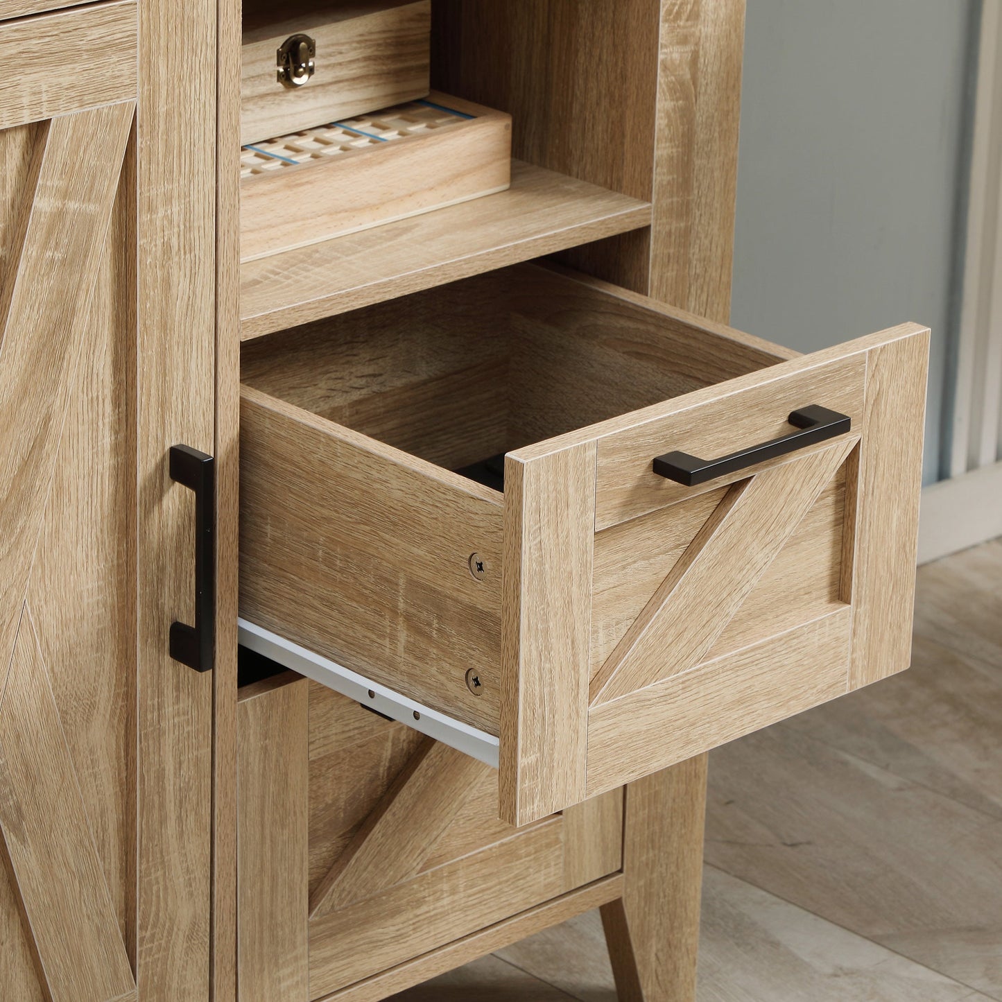 Farmhouse Storage Cabinet, Kitchen Cupboard Buffet Cabinet with Drawers, Door and Adjustable Shelf, Natural Storage Cabinets   at Gallery Canada