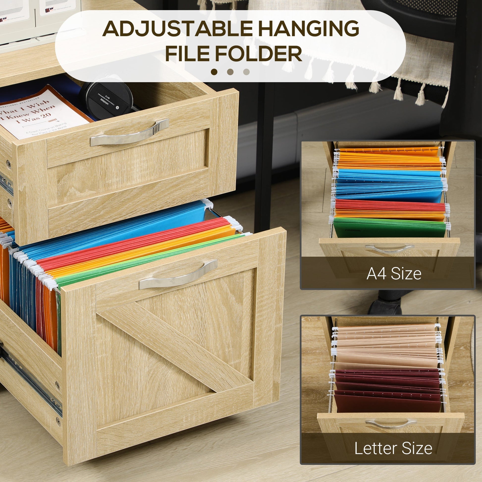 Farmhouse Vertical Filing Cabinet, 2 Drawers File Cabinet with Hanging Bars for Letter and A4 Size, Rolling Printer Stand for Home Office, Natural Office Cabinets & Cupboards   at Gallery Canada