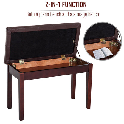 Faux Leather Padded Double / Duet Piano Bench w/ Music Storage - Brown Piano Benches   at Gallery Canada