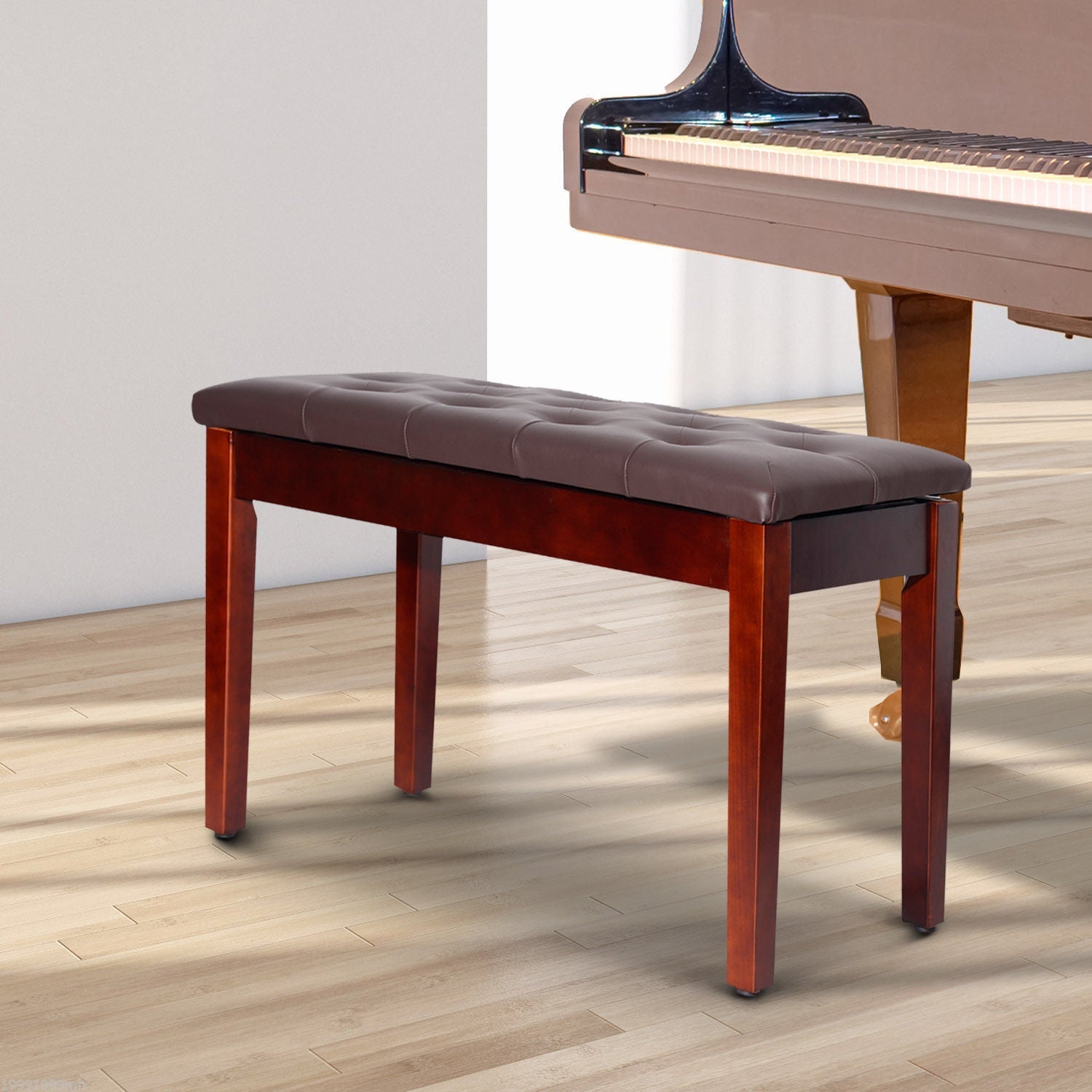 Faux Leather Padded Double / Duet Piano Bench w/ Music Storage - Brown Piano Benches   at Gallery Canada