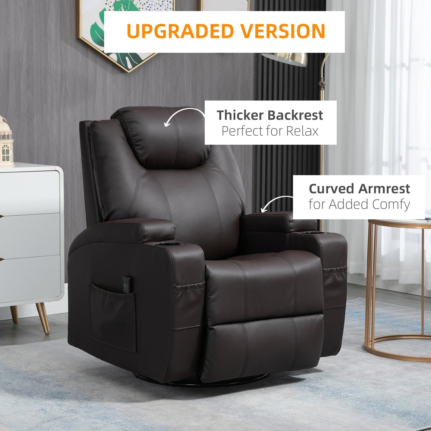 Massage Recliner Chair with Vibration, 360° Swivel, Dual Cup Holders, Brown Single Sofas   at Gallery Canada