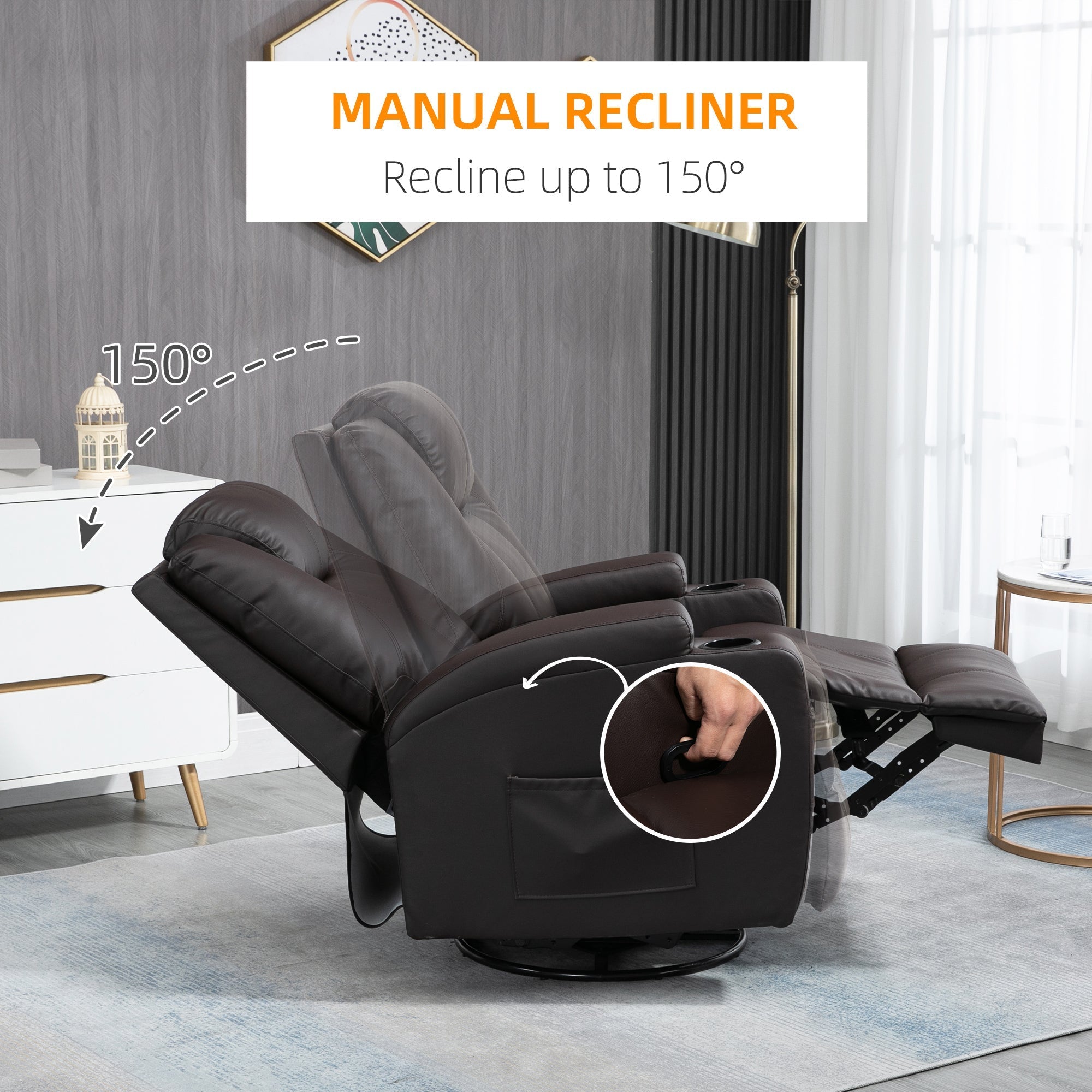 Massage Recliner Chair with Vibration, 360° Swivel, Dual Cup Holders, Brown Single Sofas   at Gallery Canada