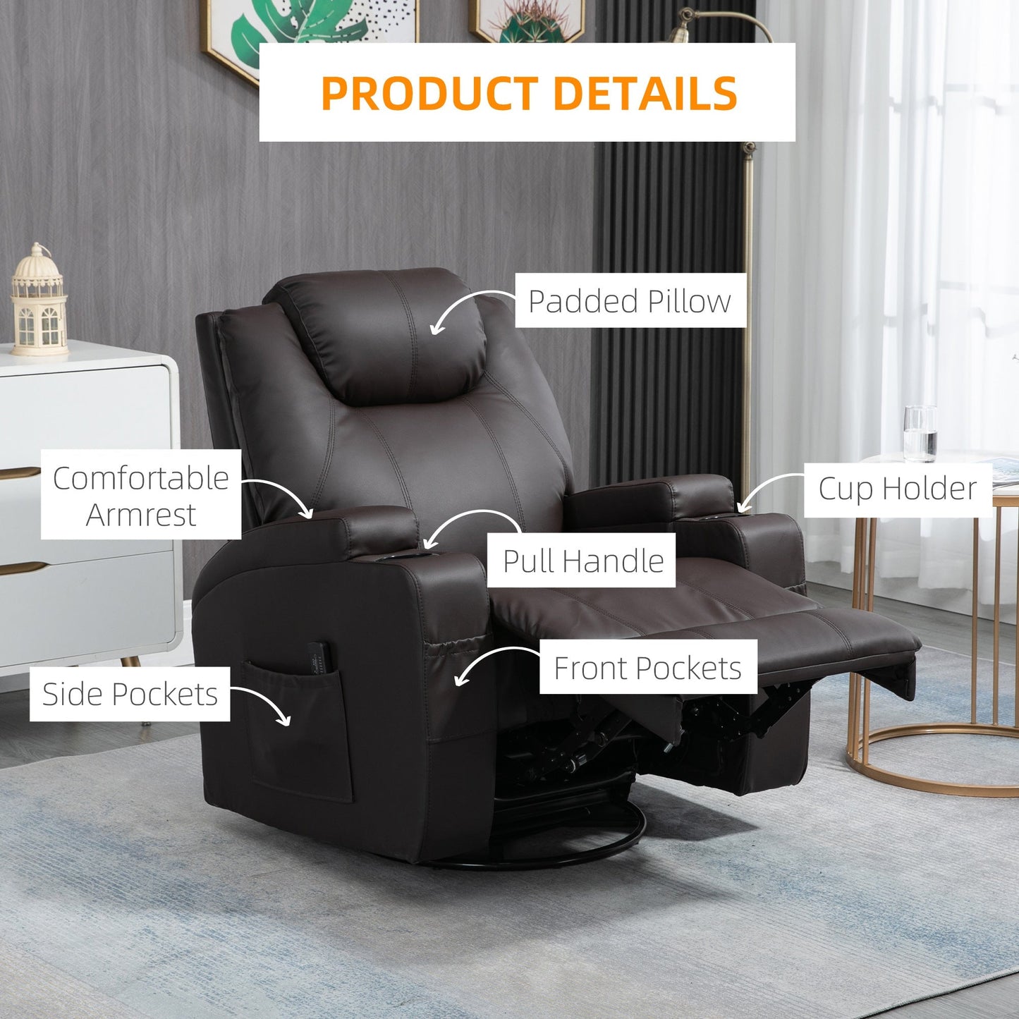 Massage Recliner Chair with Vibration, 360° Swivel, Dual Cup Holders, Brown Single Sofas   at Gallery Canada