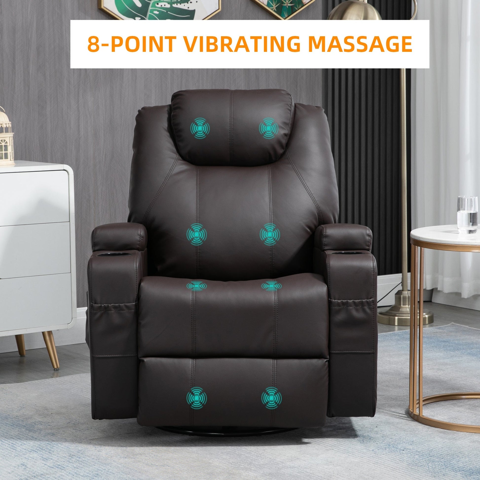 Massage Recliner Chair with Vibration, 360° Swivel, Dual Cup Holders, Brown Single Sofas   at Gallery Canada