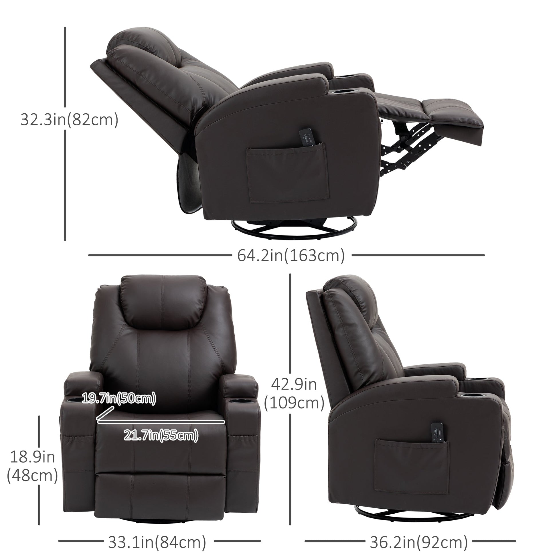 Massage Recliner Chair with Vibration, 360° Swivel, Dual Cup Holders, Brown Single Sofas Brown  at Gallery Canada