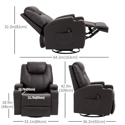 Massage Recliner Chair with Vibration, 360° Swivel, Dual Cup Holders, Brown