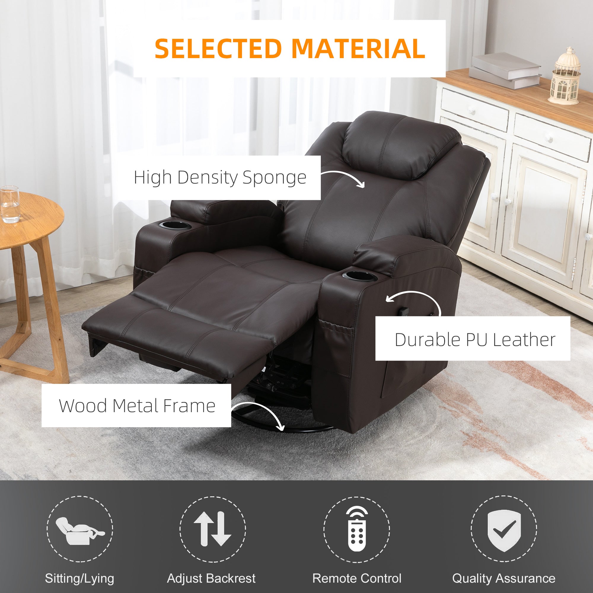 Massage Recliner Chair with Vibration, 360° Swivel, Dual Cup Holders, Brown Single Sofas   at Gallery Canada