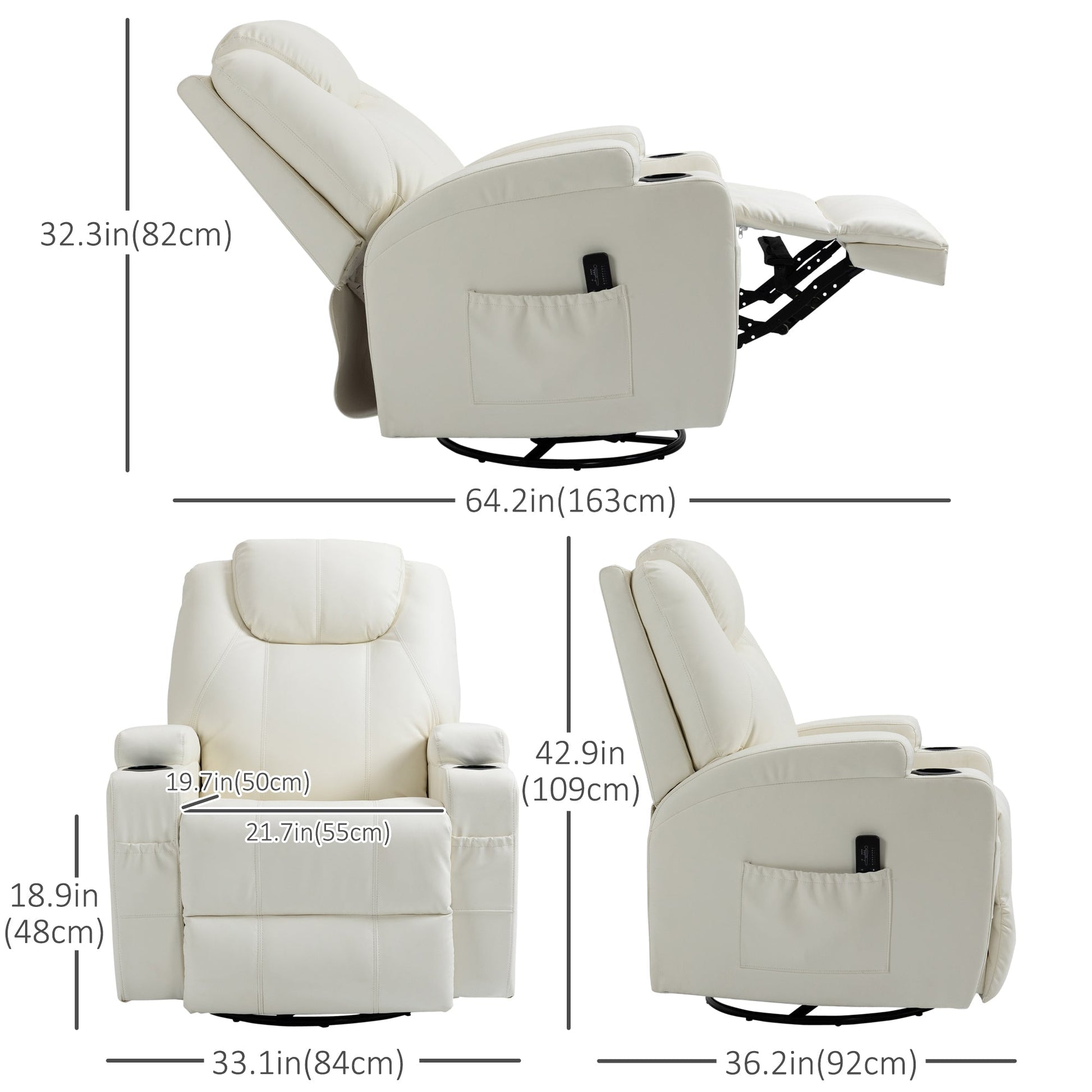 Massage Recliner Chair with Vibration, 360° Swivel, Dual Cup Holders, Cream Single Sofas   at Gallery Canada