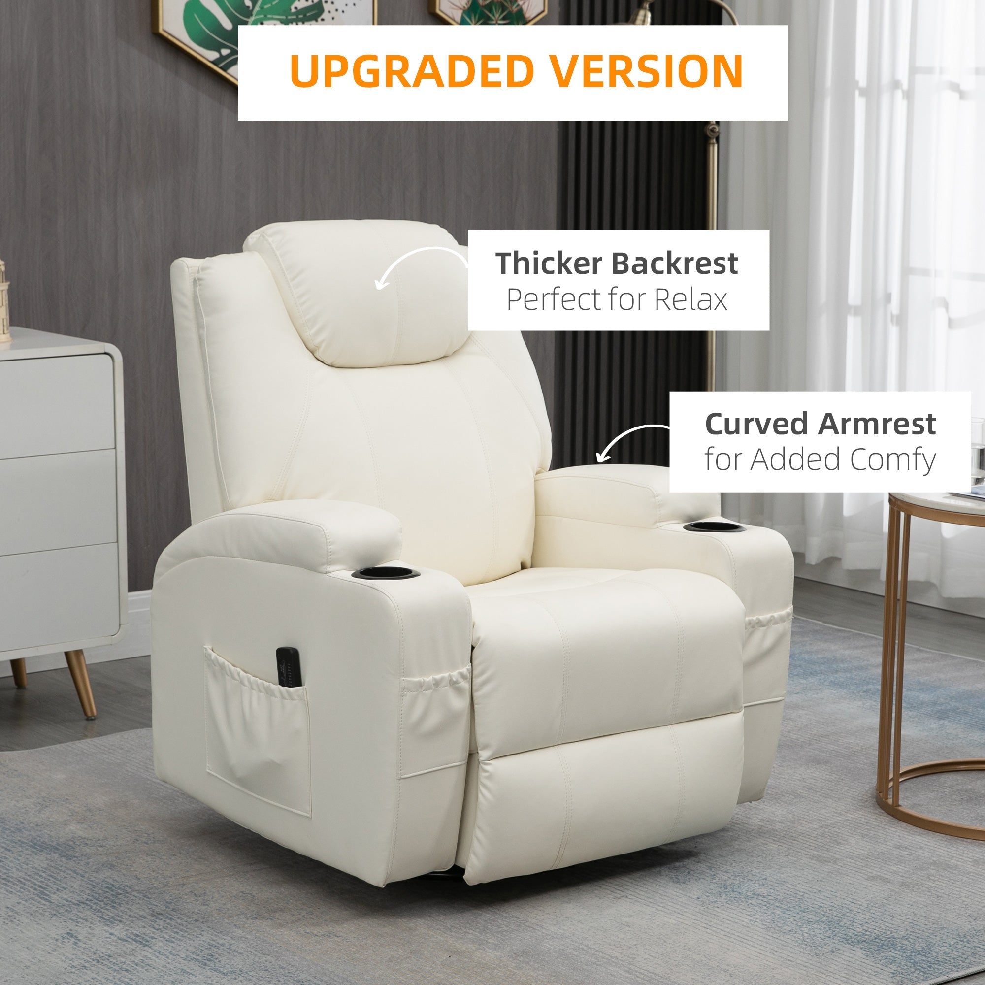 Massage Recliner Chair with Vibration, 360° Swivel, Dual Cup Holders, Cream Single Sofas   at Gallery Canada