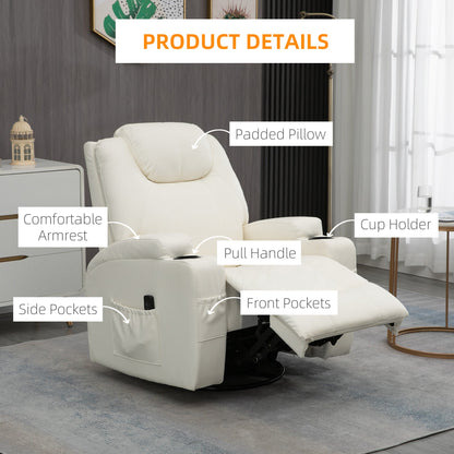 Massage Recliner Chair with Vibration, 360° Swivel, Dual Cup Holders, Cream Single Sofas   at Gallery Canada