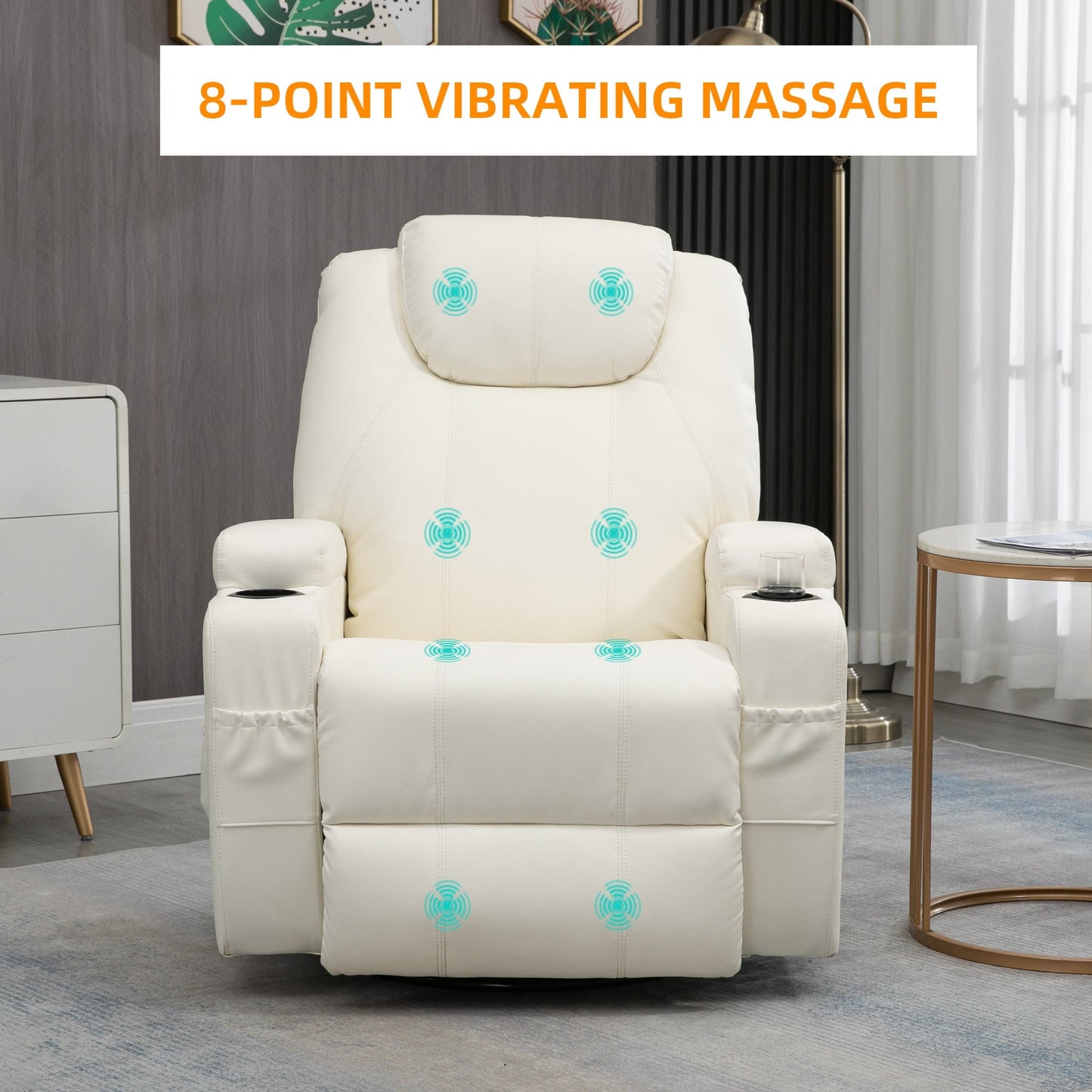 Massage Recliner Chair with Vibration, 360° Swivel, Dual Cup Holders, Cream Single Sofas   at Gallery Canada